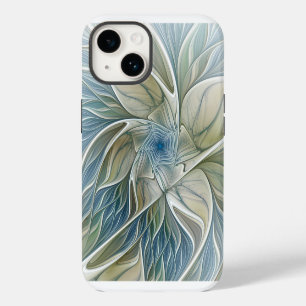Coque Pour iPhone 14 Motif de rêve floral Abstrait Bleu Kaki Fractal