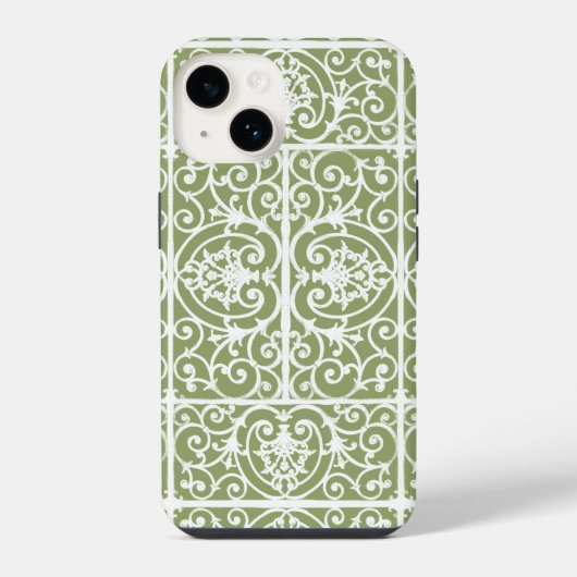 Coque Pour iPhone 14 Motif de rinceaux vert olive (Verso)