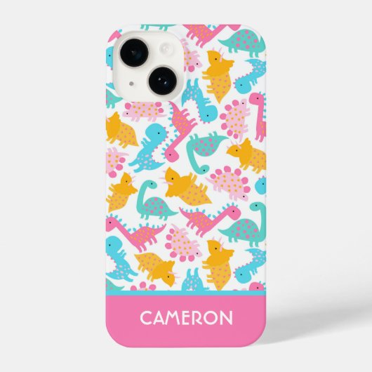 Coque Pour iPhone 14 Motif Dinosaur rose et Turquoise (Verso)