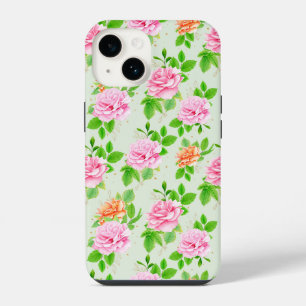 Coque Pour iPhone 14 Motif élégant de roses florales feuilles vertes-23