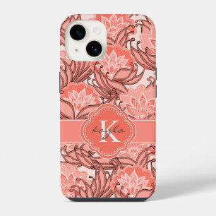 Coque Pour iPhone 14 Motif floral corail tropical avec monogramme