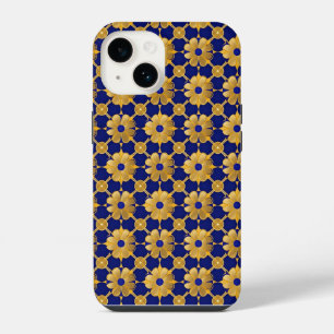 Coque Pour iPhone 14 Motif floral doré luxueux, bleu royal élégant