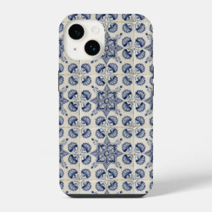 Coque Pour iPhone 14 Motif floral géométrique bleu blanc vintage