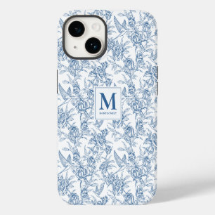 Coque Pour iPhone 14 Motif floral Toile de Jouy française bleue Monogra