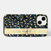 Coque Pour iPhone 14 Motif léopard bleu or monogramme (Verso Horizontal)