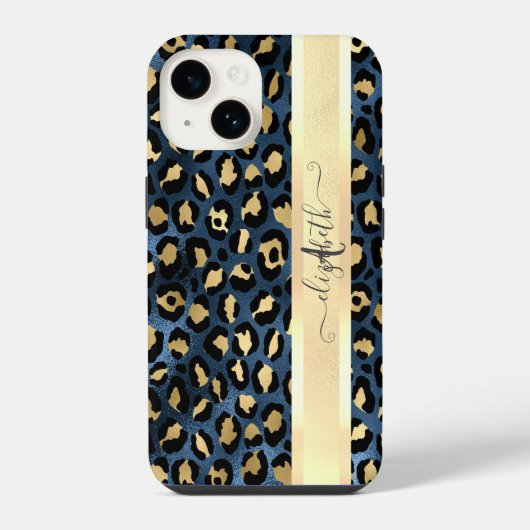 Coque Pour iPhone 14 Motif léopard bleu or monogramme (Verso)