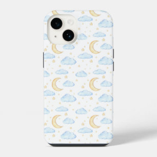 Coque Pour iPhone 14 Motif Lune Étoiles et Nuages Aquarelle