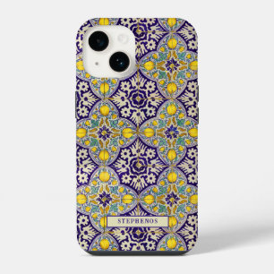 Coque Pour iPhone 14 Motif Méditerranéen Bleu Personnalisé Fleurs Jaune