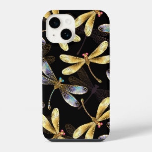 Coque Pour iPhone 14 Motif sans couture avec libellules dorées