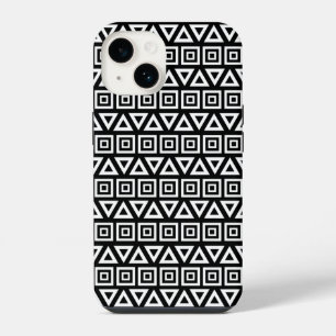 Coque Pour iPhone 14 Motif Triangles+Carrés Aztèques Blanc sur Noir