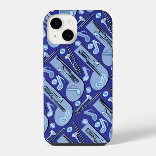 Coque Pour iPhone 14 Musique Notée Trombone Modèle Bleu (Verso)