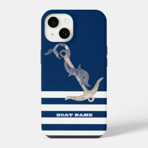 Coque Pour iPhone 14 Nautique, Dauphin d'ancre rayé bleu marine