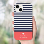 Coque Pour iPhone 14 Navy Blue and Coral Chic Stripes Heart Monogram<br><div class="desc">Stylish custom phone case in coral, navy blue and white colors. This design features a preppy classic navy and white striped pattern. Personalize it with your name monogram or other custom text with a cute heart symbol. Use the design tools to choose any background colors, edit the text fonts and...</div>