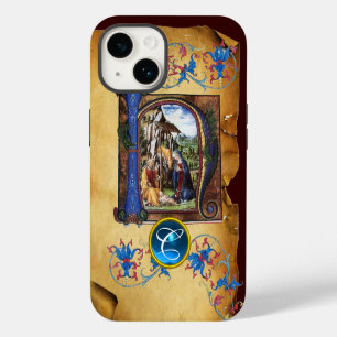 Coque Pour iPhone 14 NOËL Nativité PARCHEMIN BLEU GEMME MONOGRAMME