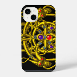 COQUE POUR iPhone 14 NŒUDS CELTIQUES EN OR, DRAGONS JUMEAUX ET GEMMES N