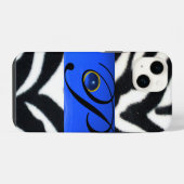 COQUE POUR iPhone 14 NOIR ZEBRA FUR SAPPHIRE BLEU GEM MONOGRAM, (Verso Horizontal)