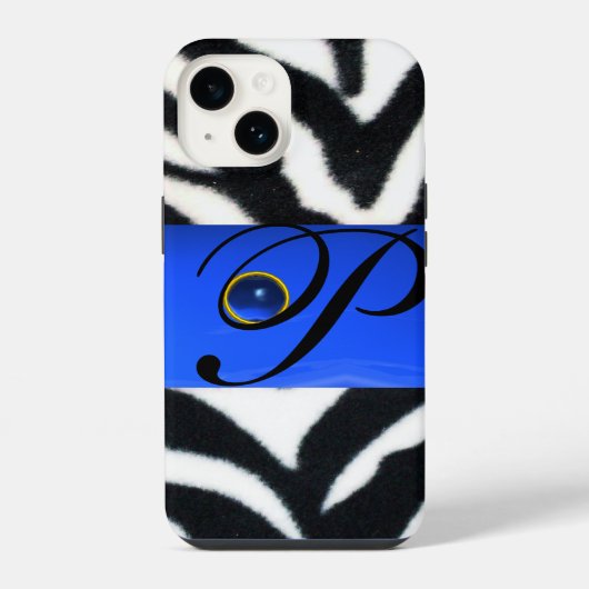 COQUE POUR iPhone 14 NOIR ZEBRA FUR SAPPHIRE BLEU GEM MONOGRAM, (Verso)