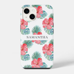 Coque Pour iPhone 14 Nom aquarelle florale rose tropicale