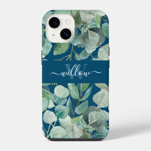Coque Pour iPhone 14 Nom botanique vert unique en calligraphie monogram (Verso)