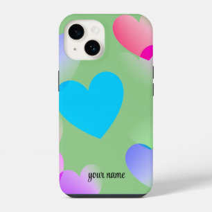 Coque Pour iPhone 14 Nom Colorful Gliding Hearts, Sage Green