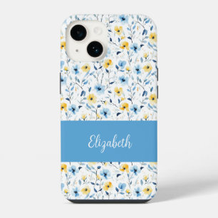 Coque Pour iPhone 14 Nom de fleur sauvage aquarelle bleu jaune
