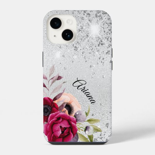 Coque Pour iPhone 14 nom de fleurs Bourgogne argenté (Verso)