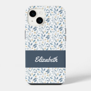 Coque Pour iPhone 14 Nom de motif botanique à l'aquarelle bleue