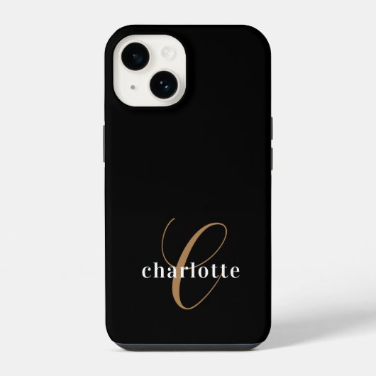 Coque Pour iPhone 14 Nom de script féminin monogramme or noir moderne (Verso)