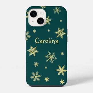 Coque Pour iPhone 14 nom des flocons de neige de couleur dorée turquois