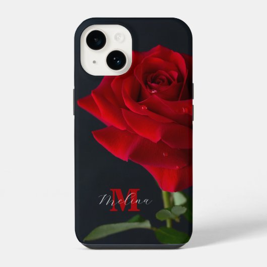 Coque Pour iPhone 14 Nom du monogramme classique de Rose rouge (Verso)