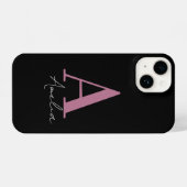 Coque Pour iPhone 14 Nom du monogramme rose noire (Verso Horizontal)