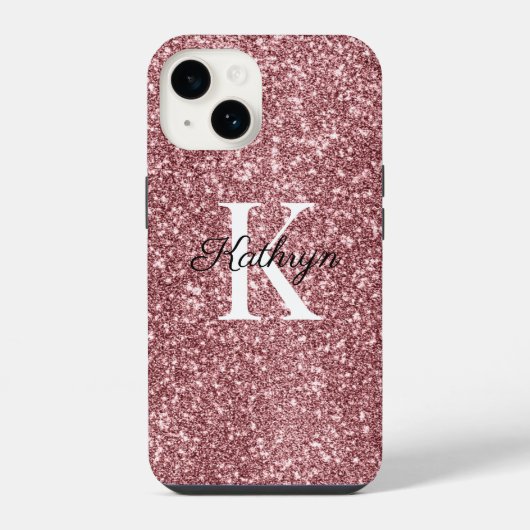 Coque Pour iPhone 14 Nom Initial Monogramme Pailleté Or Rose (Verso)