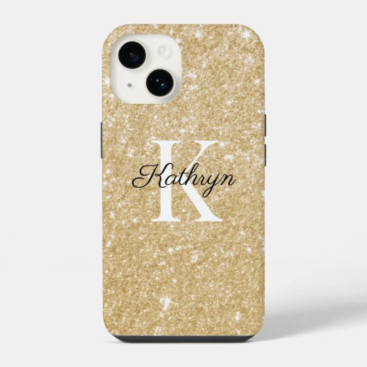 Coque Pour iPhone 14 Nom Initial Monogramme Paillettes Dorées (Verso)
