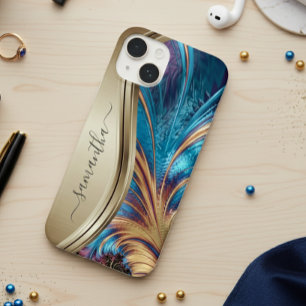 Coque Pour iPhone 14 Nom manuscrit bleu or fractal moderne