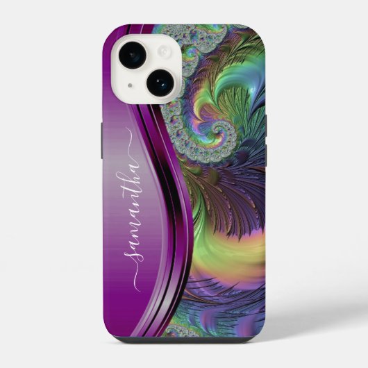 Coque Pour iPhone 14 Nom manuscrit violet fractal moderne (Verso)
