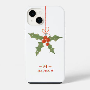 Coque Pour iPhone 14 Nom Monogramme Noël Holly Floral Hiver