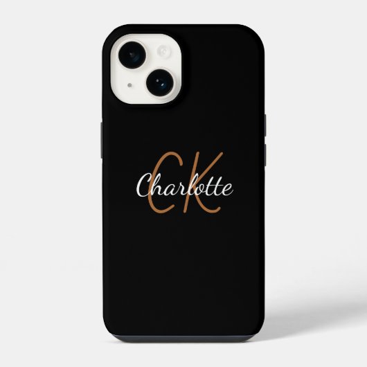 Coque Pour iPhone 14 Nom monogramme or noir écriture élégante (Verso)