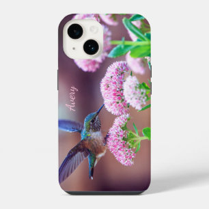 Coque Pour iPhone 14 Nom Nature Fleur Rose Colibri Bleu