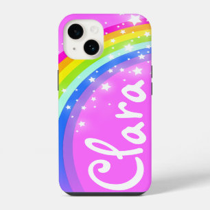 Coque Pour iPhone 14 Nom personnalisé arc-en-ciel ciel rose et étoiles