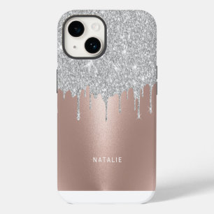 Coque Pour iPhone 14 Nom personnalisé moderne argent paillettes gouttes