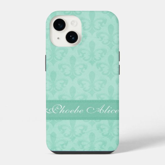 Coque Pour iPhone 14 Nommé Fleur de Lis damassé vert menthe (Verso)