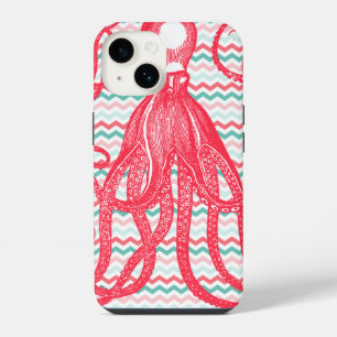 Coque Pour iPhone 14 Octopus antique sur Coral et Aqua Chevrons