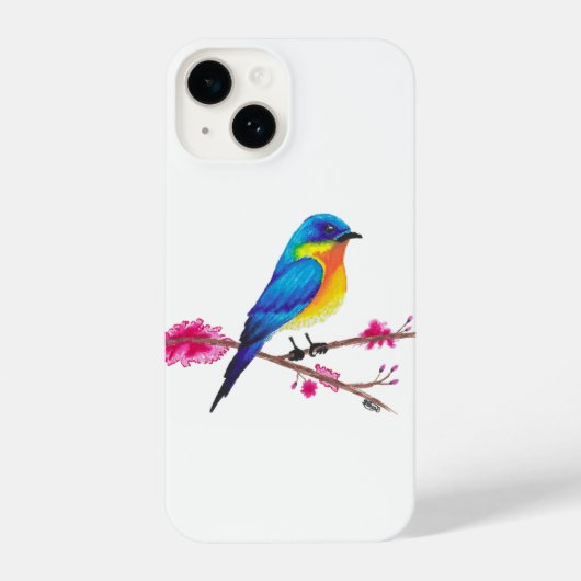 Coque Pour iPhone 14 Oiseau bleu et jaune avec des fleurs roses en dess (Verso)