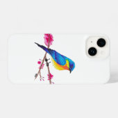 Coque Pour iPhone 14 Oiseau bleu et jaune avec des fleurs roses en dess (Verso Horizontal)