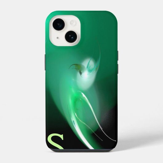COQUE POUR iPhone 14 OISEAU LÉGER / MONOGRAMME ABSTRAIT NOIR ET VERT (Verso)
