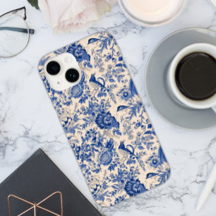 Coque Pour iPhone 14 Oiseaux et fleurs vintage toile bleue