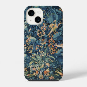 Coque Pour iPhone 14 OISEAUX, FLEURS ET FEUILLES DE CHOU, Bleu