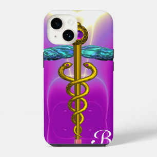 Coque Pour iPhone 14 OR CADUCUS MÉDICALE SYMBOLE rose violet Monogramme