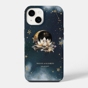 Coque Pour iPhone 14 Or Céleste Soleil, Lune, Étoiles Lotus Ciel Noctur