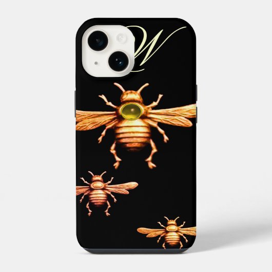Coque Pour iPhone 14 OR HONEY BEEY BEEEPER MONOGRAM Black (Verso)